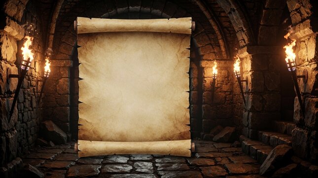 Medieval dungeon interior with stone walls, glowing torches. Large blank parchment scroll hangs in dark castle room. Empty vintage paper texture for fantasy game UI old map background. Ancient stone