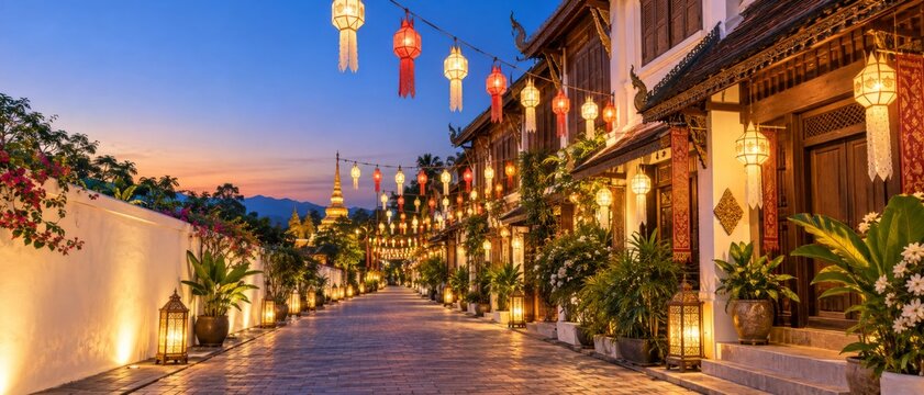 Yi Peng Lantern Festival scene with glowing lanterns lining historic temple walkway at dusk, ornate Thai architecture, tropical plants, warm evening light, and inviting cultural tourism atmosphere