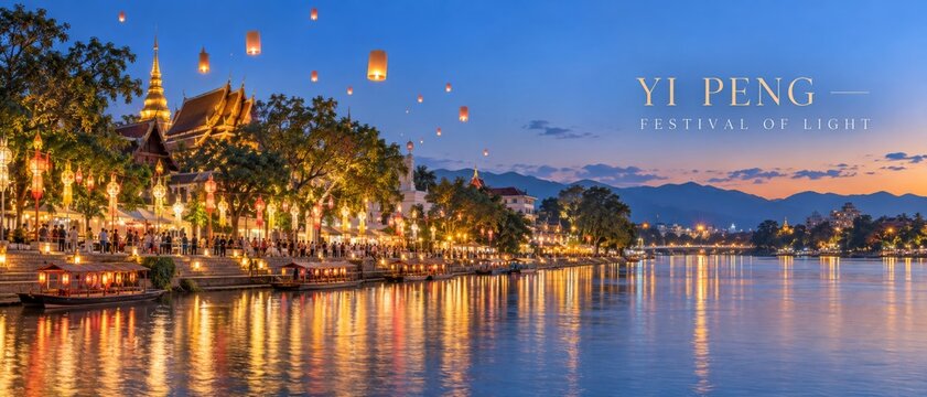 Yi Peng Lantern Festival glowing sky lanterns above Thai temple and riverside city at twilight, with warm reflections, mountain horizon, and elegant festival text creating cultural travel banner withي