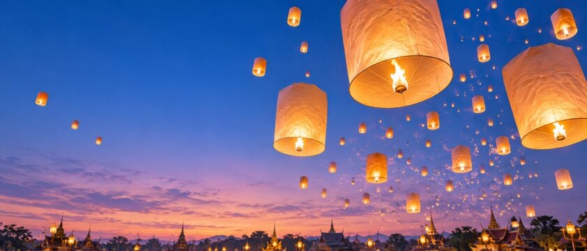 Yi Peng Lantern Festival fills twilight sky with glowing paper lanterns above Thai temple skyline, creating spiritual cultural celebration scene with vivid orange lights, sunset colors, and copy space