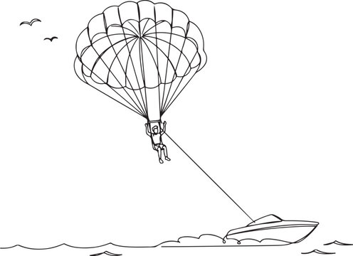 Single continuous line drawing of young tourist man flying with parasailing parachute on sky pulled by a boat. Extreme vacation holiday sport concept. one line Icon drawing