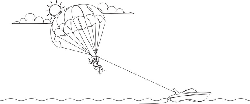 Single continuous line drawing of young tourist man flying with parasailing parachute on sky pulled by a boat. Extreme vacation holiday sport concept. one line Icon drawing