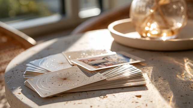 Original tarot deck fanned across a pale stone surface matching celestial backs and three illustrated cards forming a simple reading arrangement restrained cream and gold palette under