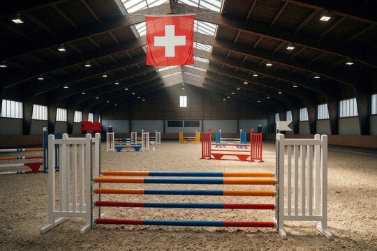 Empty indoor equestrian arena with colorful show jumping obstacles on sand floor. Swiss flag hangs from high wooden ceiling in training facility. Pro riding hall setup for horse competition practice