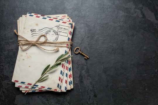 Stack of vintage airmail letters tied with twine and an old key