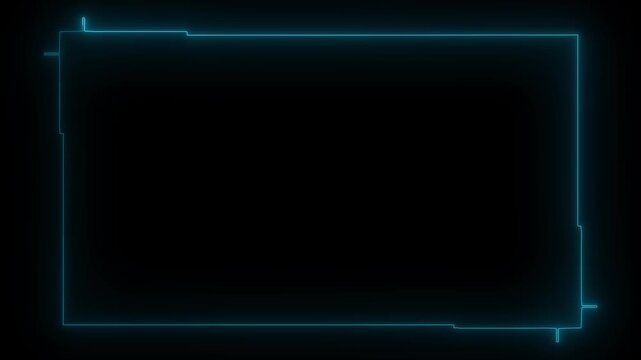 A cyan neon frame forms a large rectangular outline against a dark black background. Subtle angular extensions and glowing edges add a futuristic HUD interface appearance to the minimalist design.