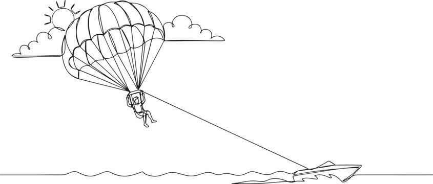 Single continuous line drawing of young tourist man flying with parasailing parachute on sky pulled by a boat. Extreme vacation holiday sport concept. one line Icon drawing