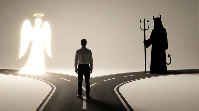 Man stands at crossroads facing moral dilemma. Glowing white angel, dark devil silhouette offer different paths. Person makes difficult choice between good, evil. Concept of conscience, temptation,