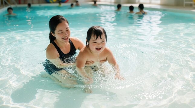 Female swim coach helps boy with Down syndrome in indoor pool. Instructor supports child splash water, laugh together. Special needs kid learns swimming skills during inclusive physical therapy