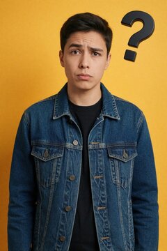 Young man looks confused with puzzled face expression. Question mark icon floats near head on yellow background. Person feels uncertain, indecisive about something. Guy thinks hard, wondering about
