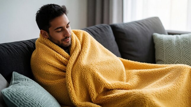 Young hispanic man feels cold sitting on sofa at home. Adult male wrapped in thick yellow fleece blanket in living room. Sick guy suffers from fever flu during winter. Person needs warmth, comfort