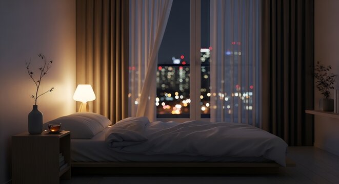 Cozy Bedroom at Night with Glowing City Skyline View
Romantic Night Bedroom Overlooking City Lights
Warm Lamp Lit Bedroom with Large Window and Cityscape