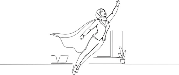 Fototapeta premium Single continuous line drawing superhero Arab businesswoman in office hijab flying upward with cloak. Joyful woman raising her fist in up rejoicing at her success. one line Icon drawing