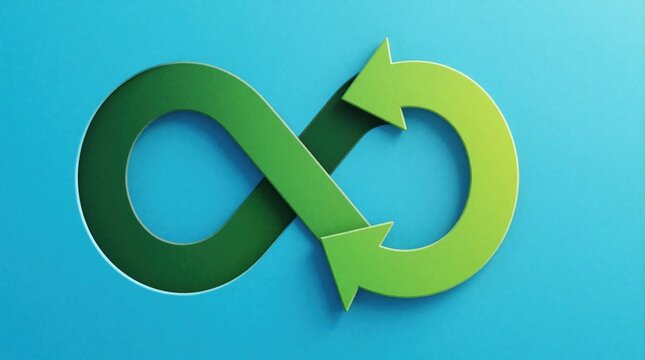 Abstract green infinity loop symbol with arrows on blue background. Continuous cycle motion icon representing sustainability, circular economy, endless process. Modern digital graphic for eco