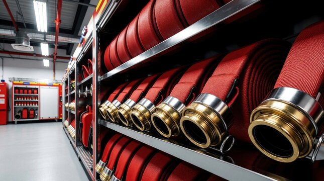 Red fire hoses rolled up on metal shelves in modern emergency station. Pro firefighting equipment stored in clean firehouse garage. Rescue tools ready for rapid response by brave firefighters to save