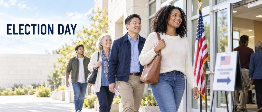USA Election Day voters walk toward polling station entrance with American flag, diverse adults and voting sign, sunny civic participation scene with left copy space for campaign messaging and social