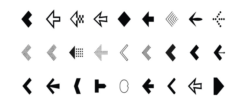 a comprehensive set of black left-pointing arrow icons with diverse styles, perfect for user interface elements and directional indications.