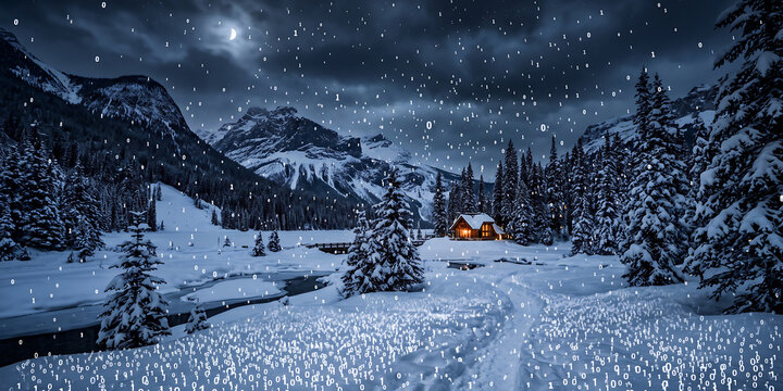 Winter landscape under glowing binary code rain falling on snowy forest and mountain cabin illustrates digital reality and virtual environment concept.
