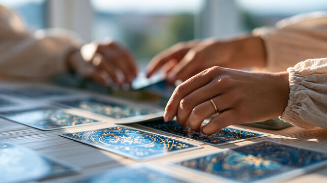 Cropped torso view of a European reader arranging blue backed tarot cards across a white wooden table pale cotton sleeves and a simple ring beside the deck in clear window light tarot