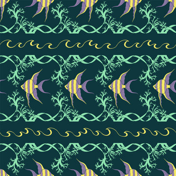 Seamless Art Nouveau marine pattern with striped yellow angelfish swimming through sea moss borders on deep teal background. Ornamental horizontal stripe vector print for children decor