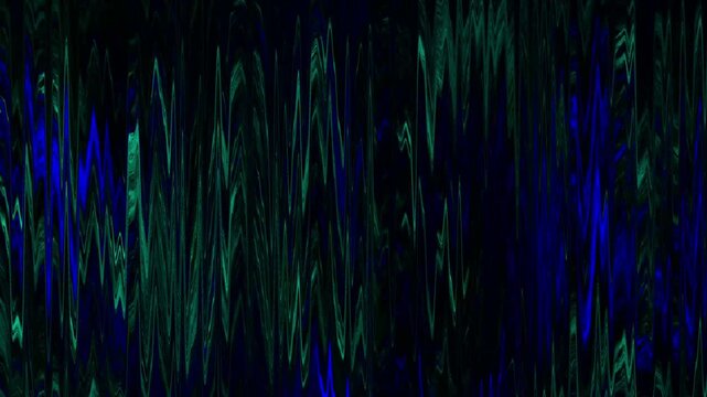 Jagged lines animation flows vertically in blue and green tones. Dynamic abstract audio equalizer spikes move in these jagged lines. Modern textured digital visual art animates the jagged lines.