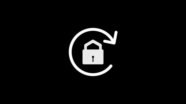Padlock icon animation displays a rotating circular arrow on dark. Digital data security refresh cycles verify on the padlock icon. Encrypted privacy protection resets through this padlock icon.