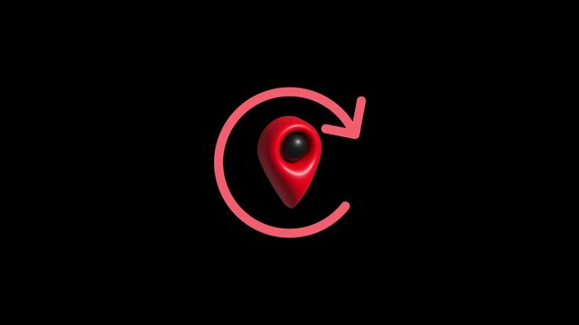Map pin animation displays a 3D red marker and circular arrow on dark. Geographic navigation location updates around this 3D map pin. Destination travel itinerary tracking guides the red map pin.