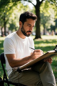 Young man with beard sits on folding chair in sunny park. Creative artist draws caricature on large sketchbook using pen. Talented male illustrator works outdoors during summer day, enjoying leisure