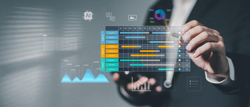 project management, gantt chart on virtual screen, business project planning concept. Business people professional with digital workflow interface,representing project. entrepreneur, strategy.