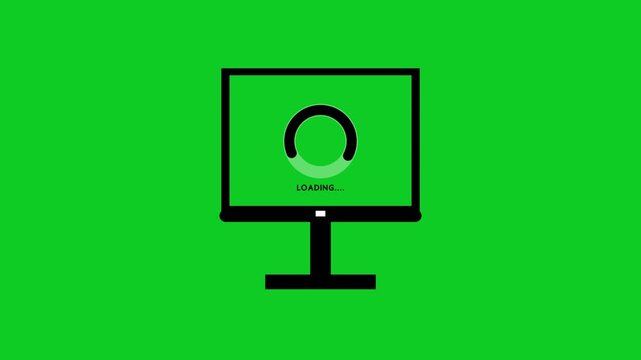 Computer monitor animation displays a waiting system loop. Software update buffering progress tracks across computer monitor animation. User interface screens use monitor.