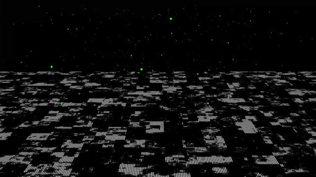 Digital landscape animation features floating cybernetic dust. Cyberspace matrix telemetry coordinates guide digital landscape animation. Virtual reality uses landscape.
