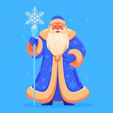 Cartoon ded moroz character with snowflake staff grandfather frost in blue coat for new year