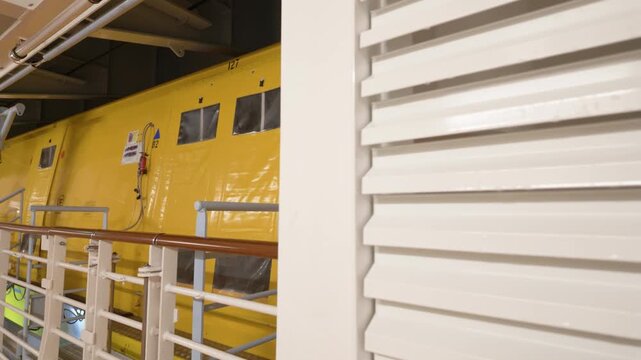 Large bright yellow enclosed lifeboat secured on a cruise ship promenade deck behind a passenger safety railing