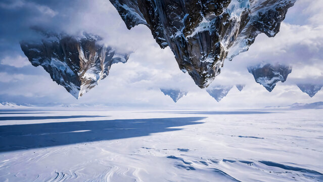 Montagnes a l'envers au dessus d'une &eacute;tendue de neige