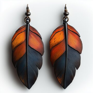 Handmade leather feather earrings with orange and dark blue gradient, boho chic jewelry isolated on white background