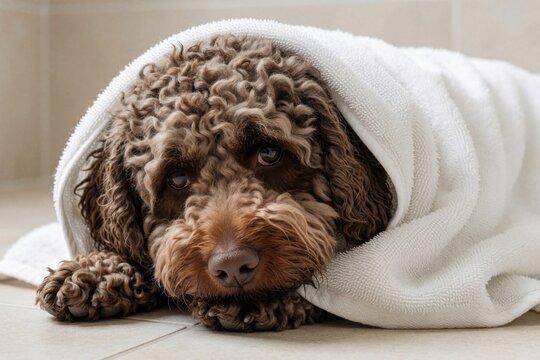 Cute brown poodle puppy wrapped in white towel. Small curly dog looks sad tired after bath. Pet animal rests on floor in bathroom. Domestic canine needs care, warmth after washing, adorable fluffy