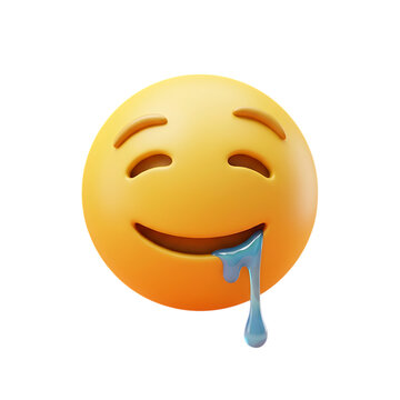Happy yellow emoji face with closed eyes and shiny saliva drooling from its smiling mouth isolated on a transparent background