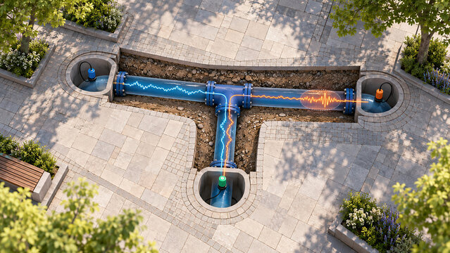 Conceptual overhead cutaway of a T-shaped water pipeline beneath a paved plaza, with three acoustic sensors and colored waveforms highlighting a signal anomaly on one branch.