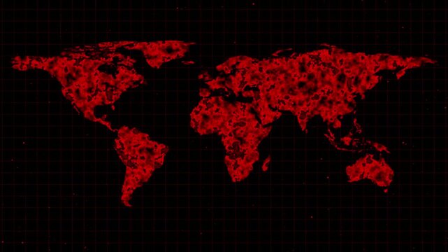 World map animation displays dense particle continents on a grid. Global demographic data visualization routes on world map animation. Geopolitical surveys use the map.
