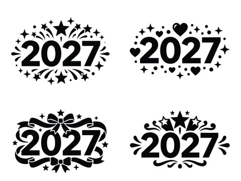 Set of four decorative 2027 new year labels with stars and ribbons