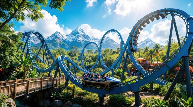 Blue roller coaster loops through tropical park. Exciting amusement ride moves fast near green trees, plants. Snowy mountains under bright sunny sky background. People enjoy fun theme park attraction