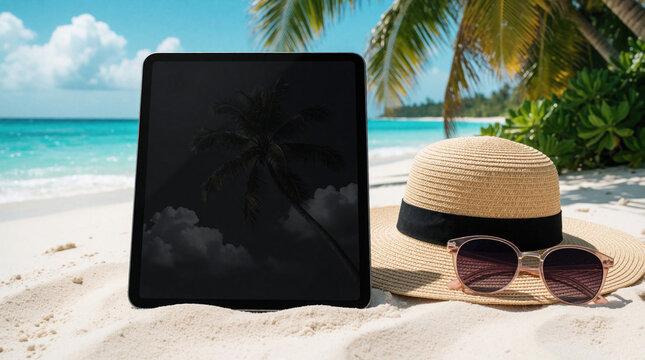 tablet with blank black screen on tropical beach sand. Straw sun hat, sunglasses lie nearby. Summer vacation concept with palm trees, turquoise ocean water. Digital device mock up for travel remote