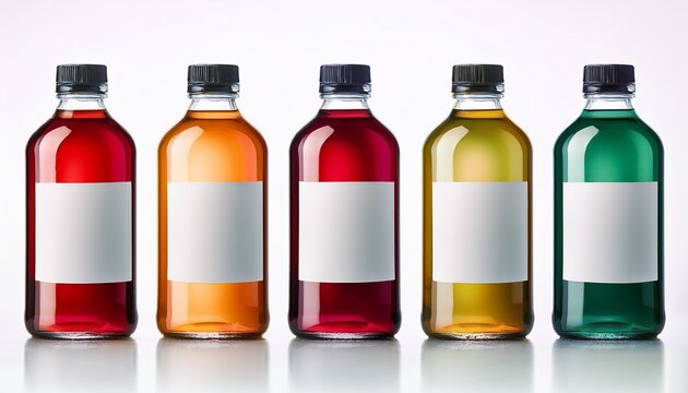 a row of five bottles of different colored liquids all with white labels