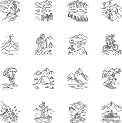 Fototapeta premium Queenstown mountains, alpine trails, skiing, hiking, cycling, paragliding, camping, rafting, paddling, lake travel in doodle style. 