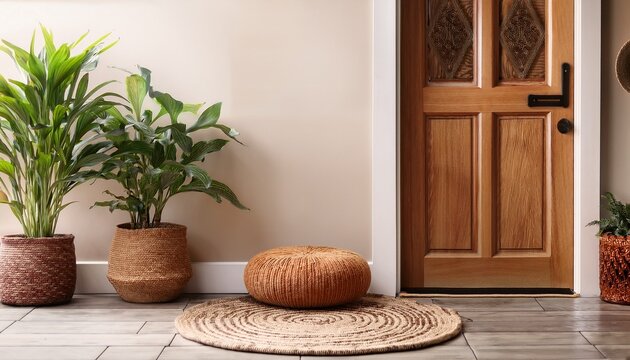 bohemian entryway decor round jute rug woven pouf and potted plants by wooden door
