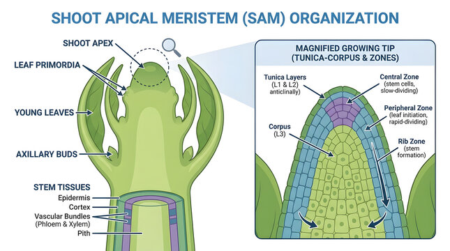 Scientific diagram of shoot apical meristem organization in a plant stem tip