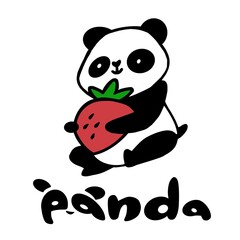 ​Cute cartoon panda holding a big red strawberry vector illustration with text on white background. Adorable panda bear mascot design for kids apparel, logo, and stickers. © Muhamad