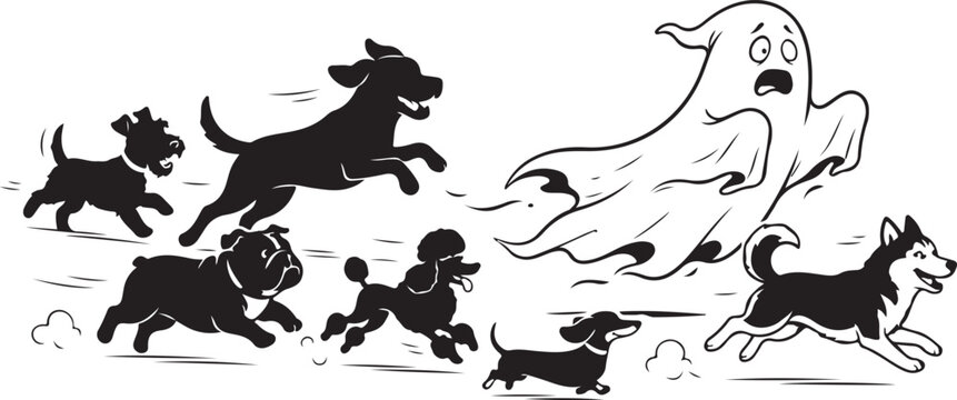 Dogs running scared from ghost illustration