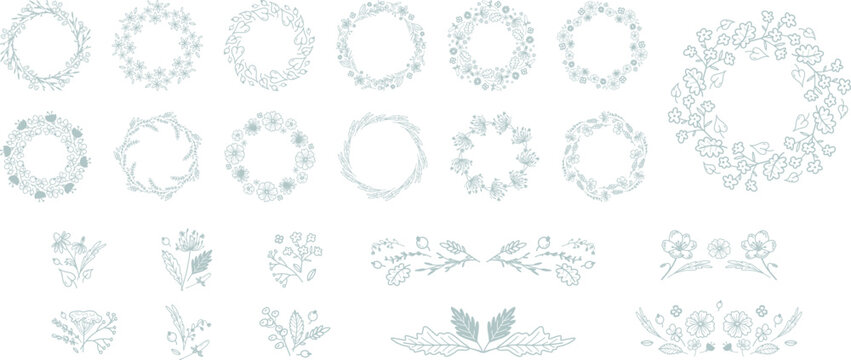 Hand drawn floral wreath and botanical frame set with delicate flowers, leaves and branches. Elegant line art elements for wedding invitations, stationery, branding and decorative design.