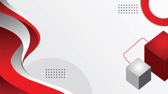 Abstract red and gray wavy banner background featuring geometric 3D cubes and dot grid patterns for business presentations and corporate slide designs.